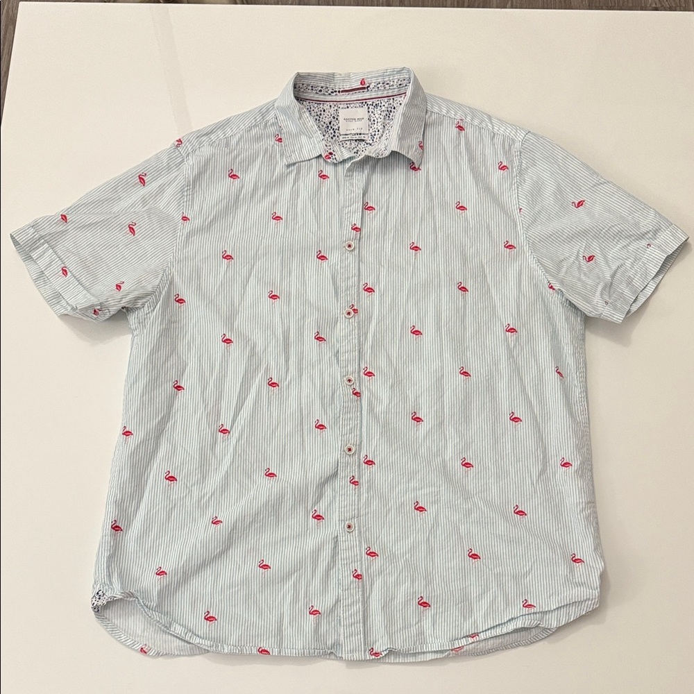 Cactus Man Men's Flamingo Print Button Down Shirt - Light Blue and White Size XL